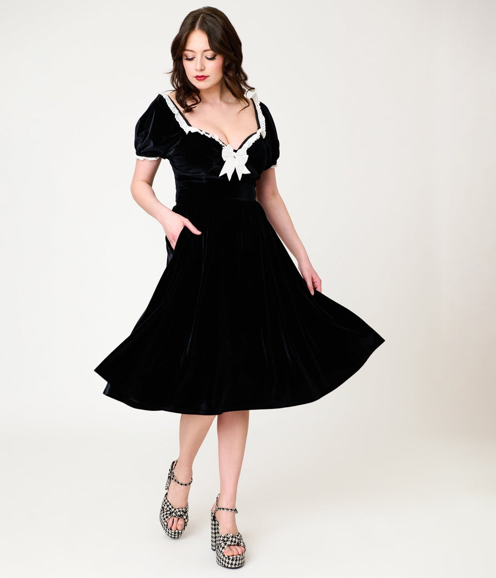 Unique Vintage Black Velvet Sweetheart Puff Sleeve Swing Dress - Unique Vintage - Womens, DRESSES, SWING