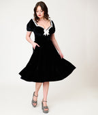 Unique Vintage Black Velvet Sweetheart Puff Sleeve Swing Dress - Unique Vintage - Womens, DRESSES, SWING