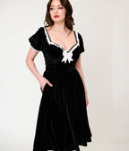 Unique Vintage Black Velvet Sweetheart Puff Sleeve Swing Dress - Unique Vintage - Womens, DRESSES, SWING