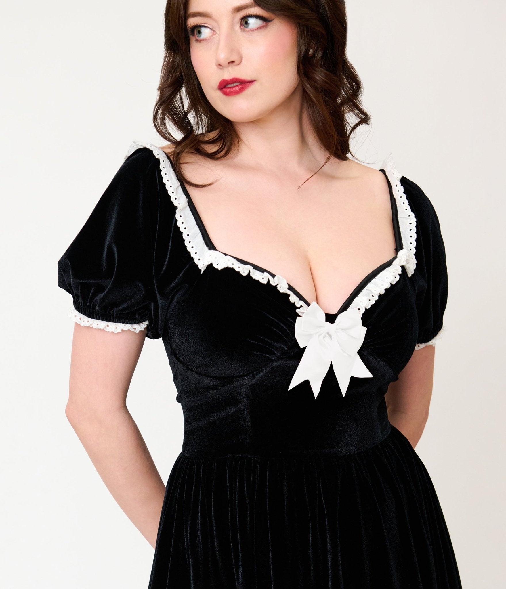 Unique Vintage Black Velvet Sweetheart Puff Sleeve Swing Dress