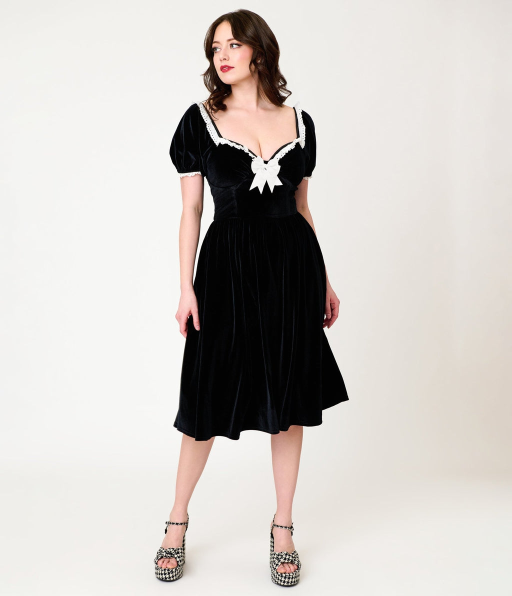 Unique Vintage Black Velvet Sweetheart Puff Sleeve Swing Dress - Unique Vintage - Womens, DRESSES, SWING