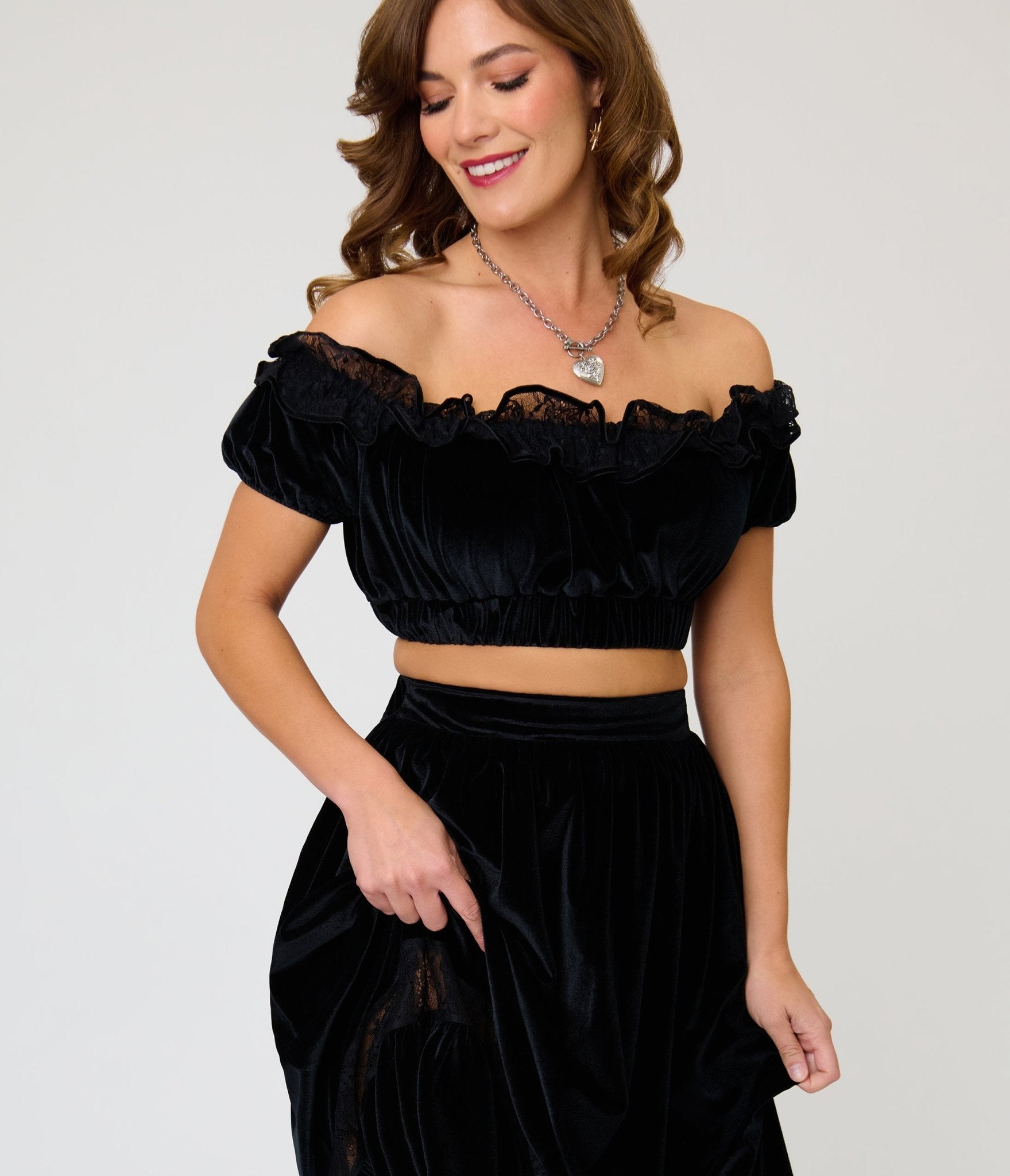 Unique Vintage Black Velvet Tiered Midi Skirt - Unique Vintage - Womens, BOTTOMS, SKIRTS