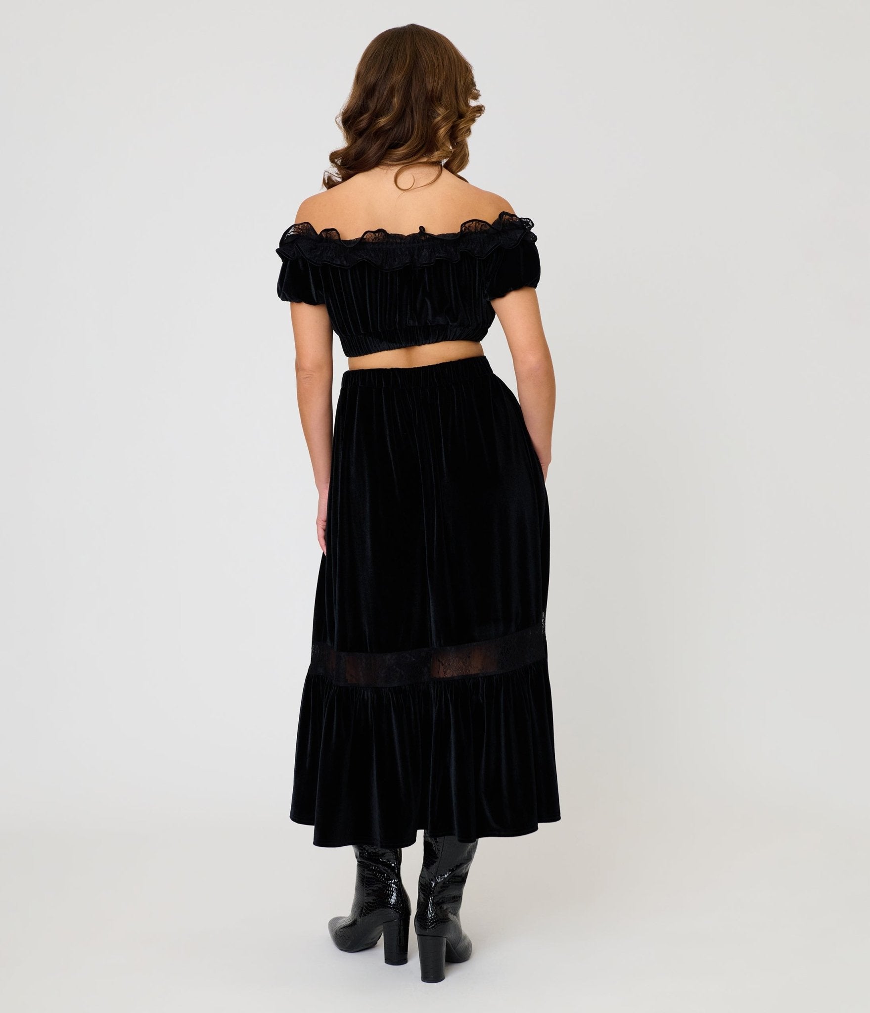 Unique Vintage Black Velvet Tiered Midi Skirt - Unique Vintage - Womens, BOTTOMS, SKIRTS