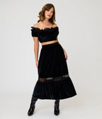 Unique Vintage Black Velvet Tiered Midi Skirt - Unique Vintage - Womens, BOTTOMS, SKIRTS