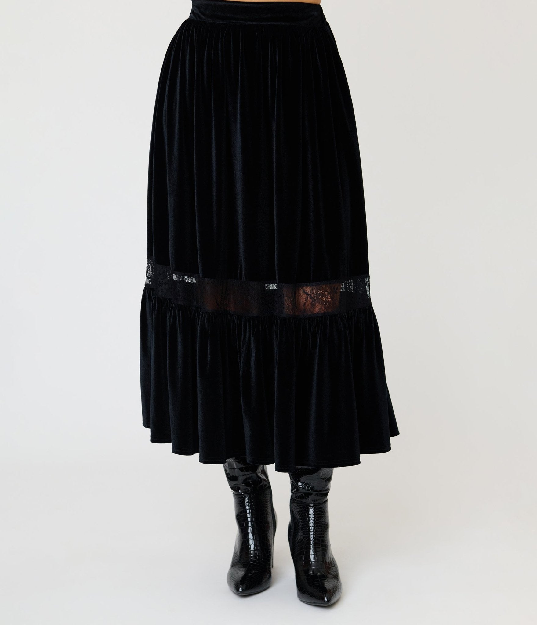 Unique Vintage Black Velvet Tiered Midi Skirt - Unique Vintage - Womens, BOTTOMS, SKIRTS