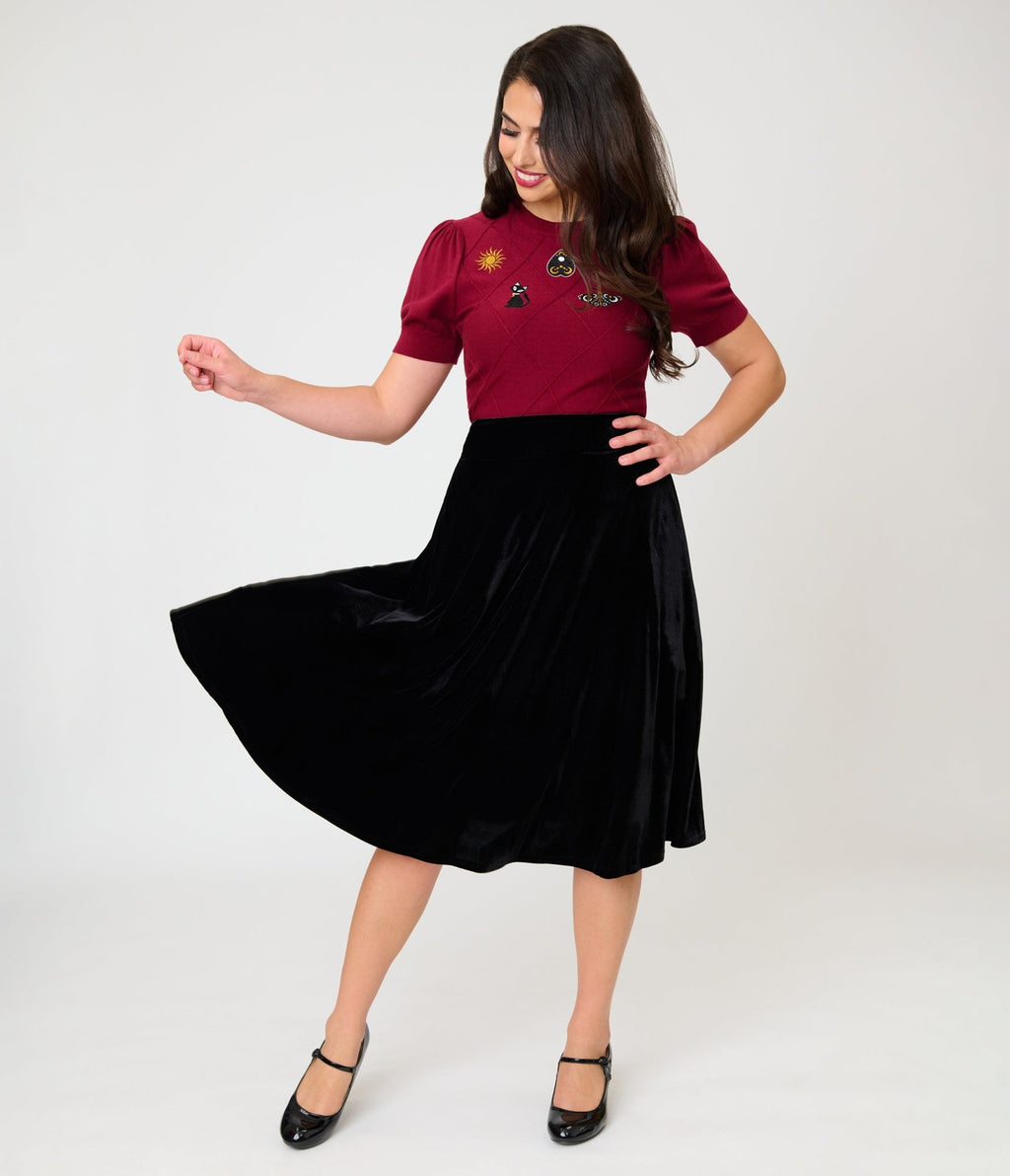 Unique Vintage Black Velvet Vivien Swing Skirt - Unique Vintage - Womens, BOTTOMS, SKIRTS