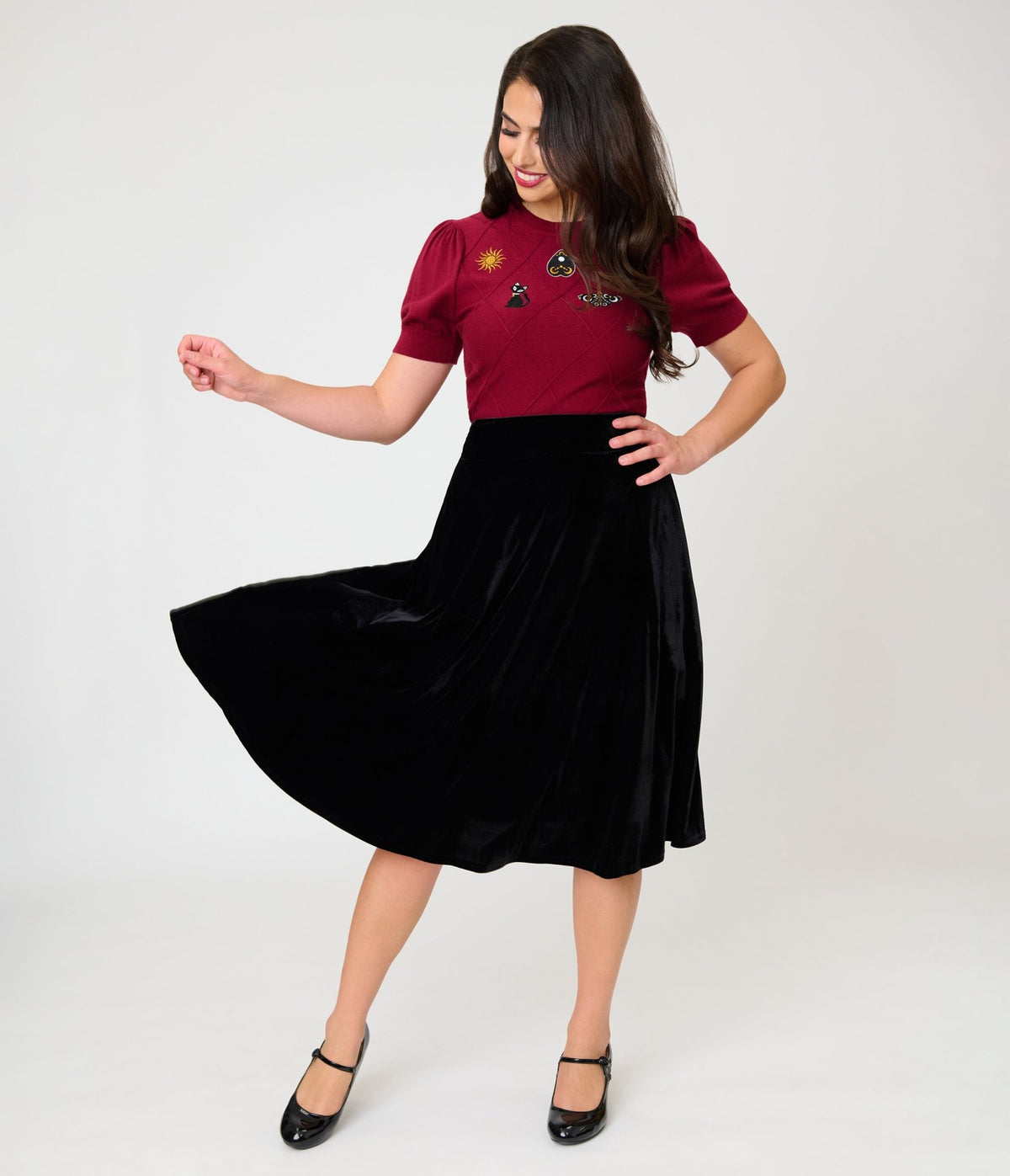 Unique Vintage Black Velvet Vivien Swing Skirt - Unique Vintage - Womens, BOTTOMS, SKIRTS