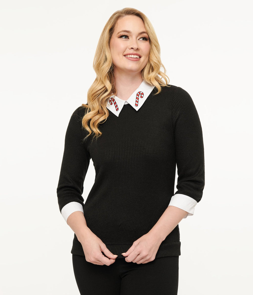 Unique Vintage Black & White Candy Cane Print Contrast Sabrina Sweater - Unique Vintage - Womens, TOPS, SWEATERS