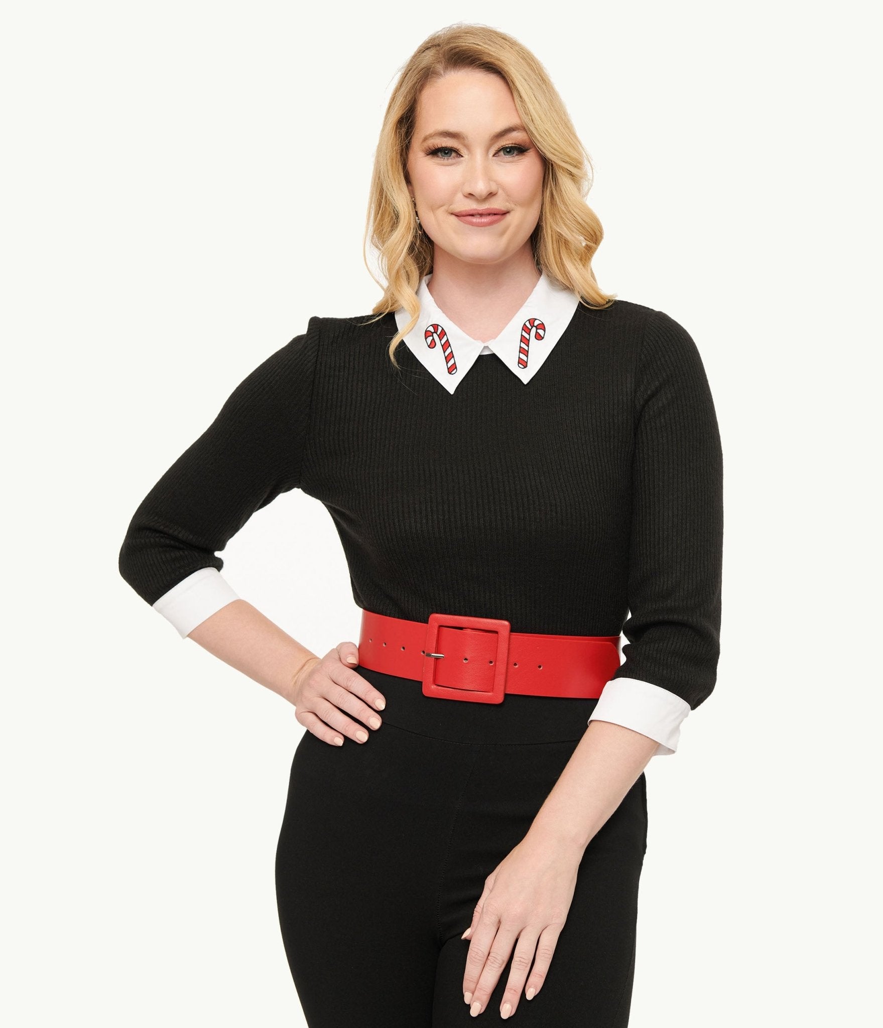 Unique Vintage Black & White Candy Cane Print Contrast Sabrina Sweater - Unique Vintage - Womens, TOPS, SWEATERS