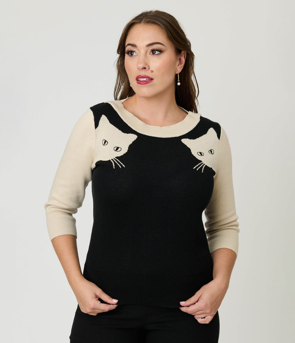 Unique Vintage Black & White Cat Sleeve Minou Sweater - Unique Vintage - Womens, TOPS, SWEATERS