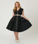 Unique Vintage Black & White Cotton Shirt Swing Dress - Unique Vintage - Womens, DRESSES, SWING