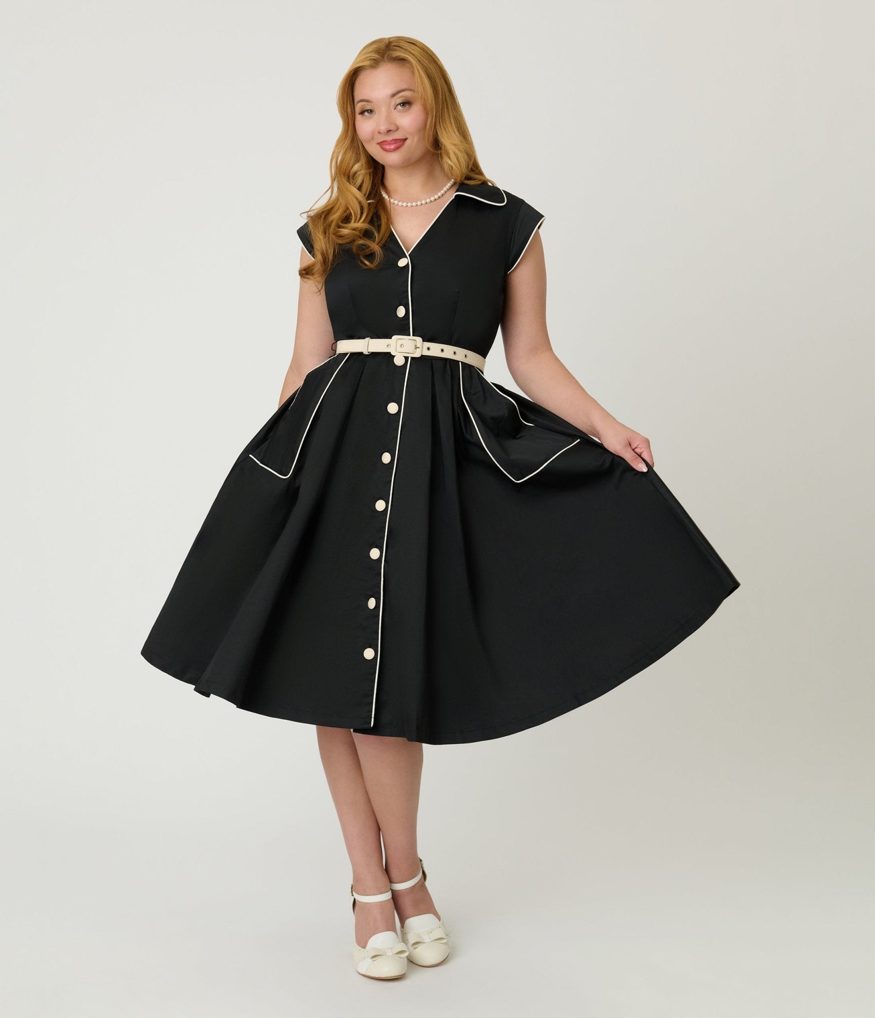 Unique Vintage Black & White Cotton Shirt Swing Dress