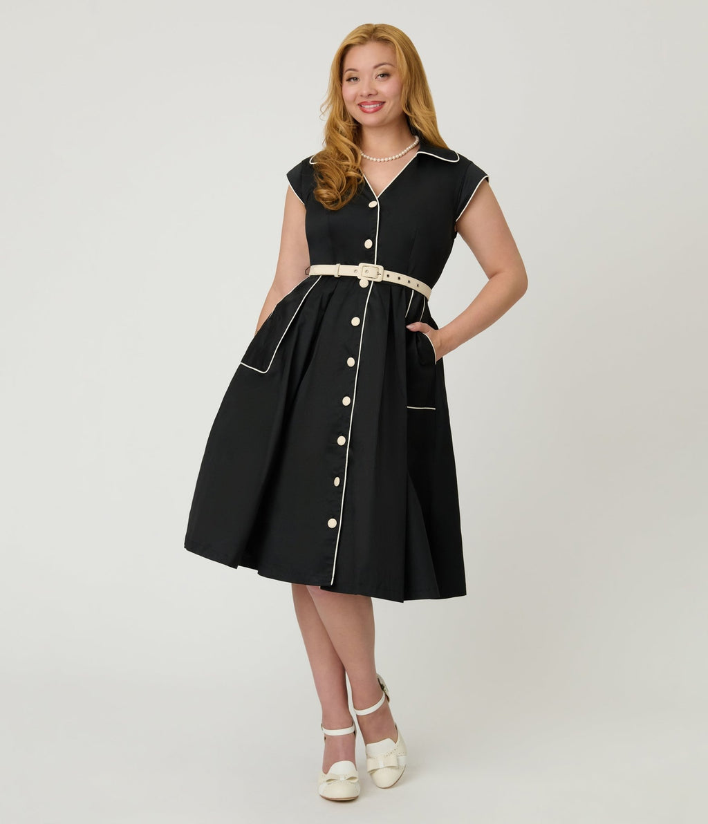 Unique Vintage Black & White Cotton Shirt Swing Dress - Unique Vintage - Womens, DRESSES, SWING