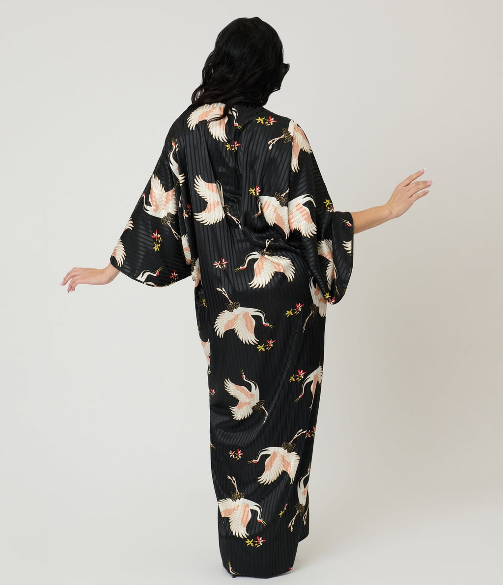 Unique Vintage Black & White Crane Long Kimono - Unique Vintage - Womens, FLAPPER, COATS
