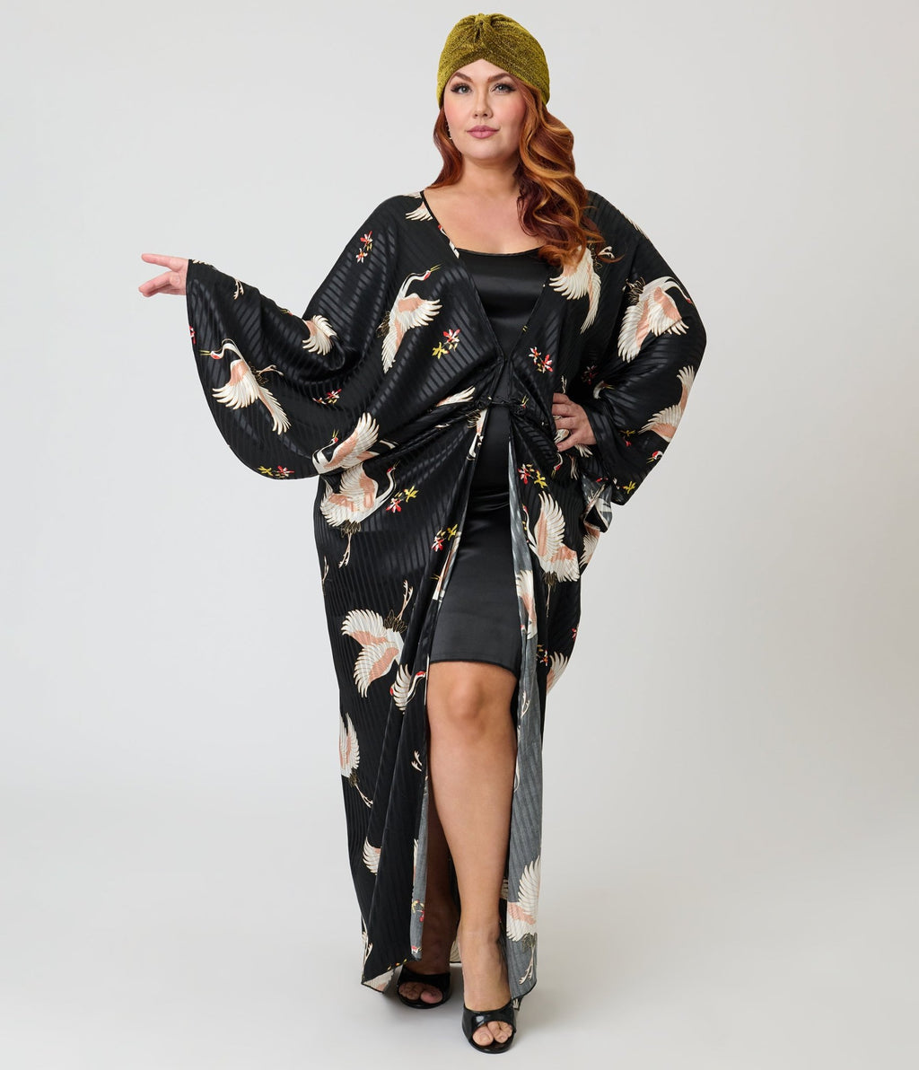 Unique Vintage Black & White Crane Long Kimono - Unique Vintage - Womens, FLAPPER, COATS