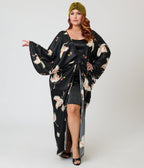 Unique Vintage Black & White Crane Long Kimono - Unique Vintage - Womens, FLAPPER, COATS