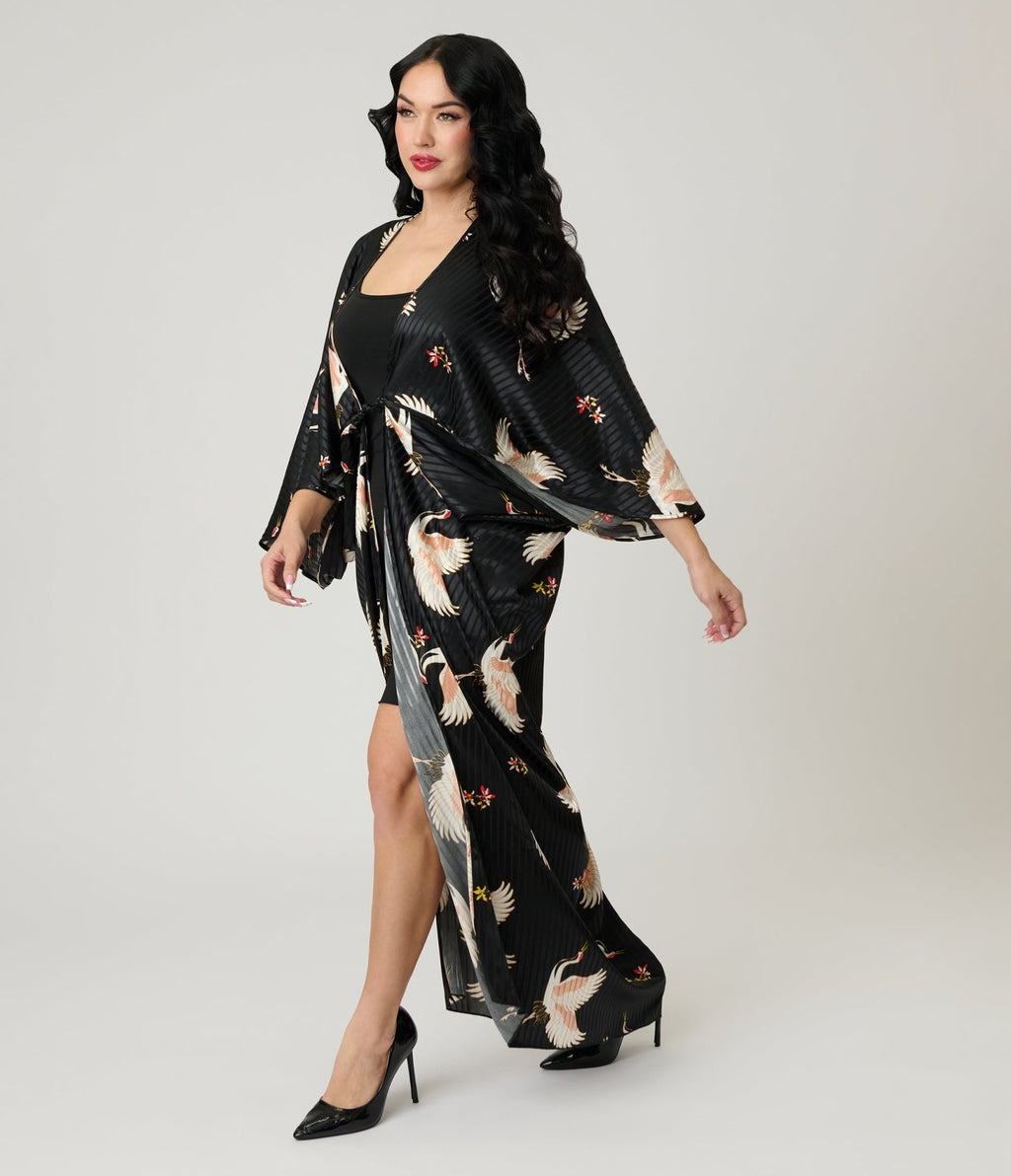 Unique Vintage Black & White Crane Long Kimono - Unique Vintage - Womens, FLAPPER, COATS