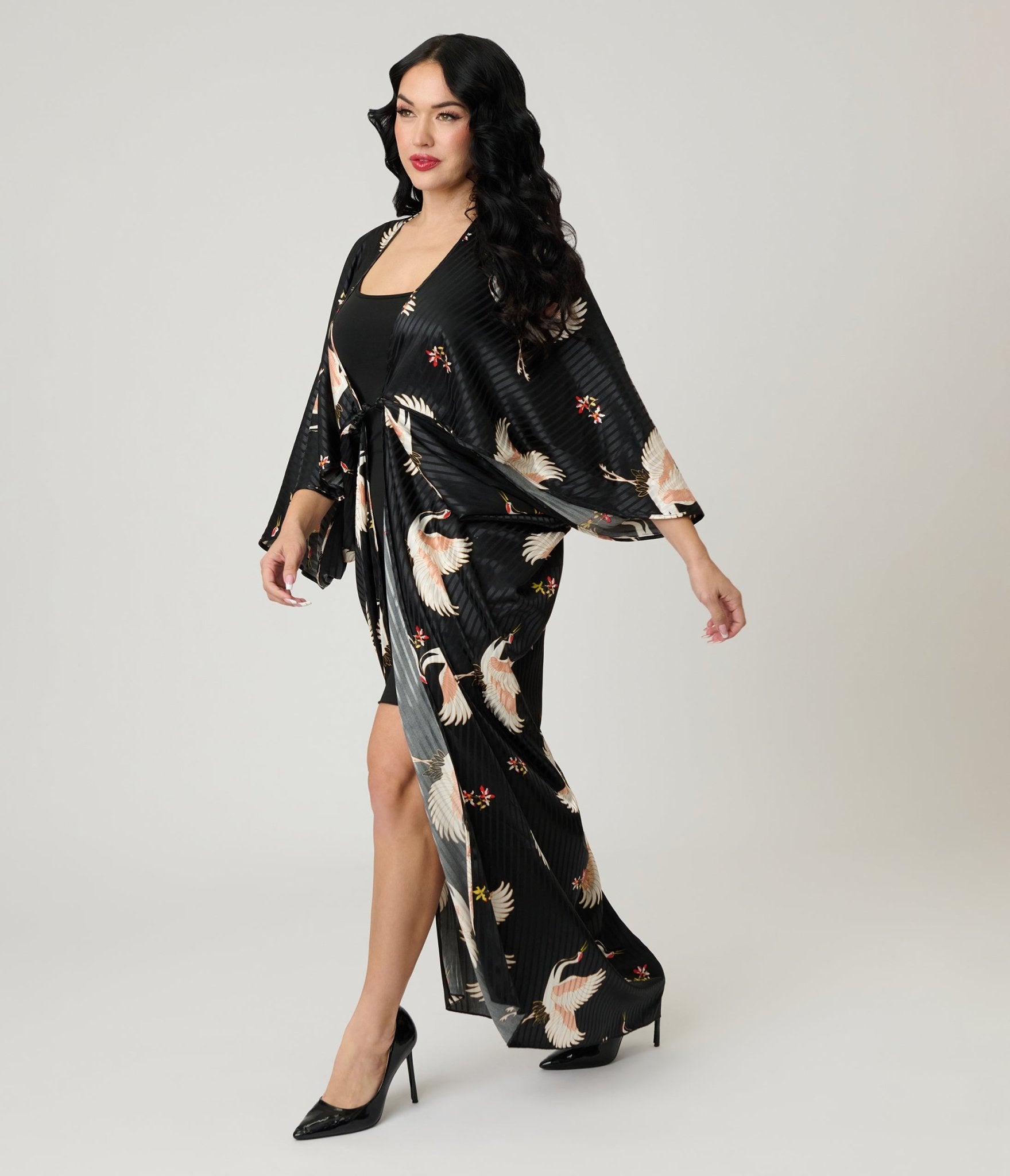 Unique Vintage Black & White Crane Long Kimono - Unique Vintage - Womens, FLAPPER, COATS