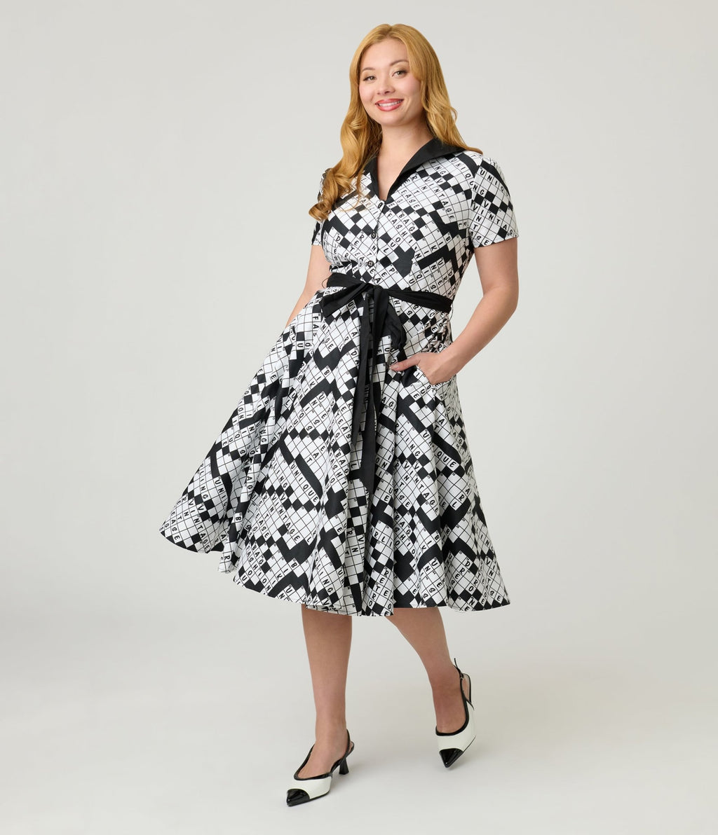 Unique Vintage Black & White Crossword Puzzle Cotton Shirt Dress XL/14-16