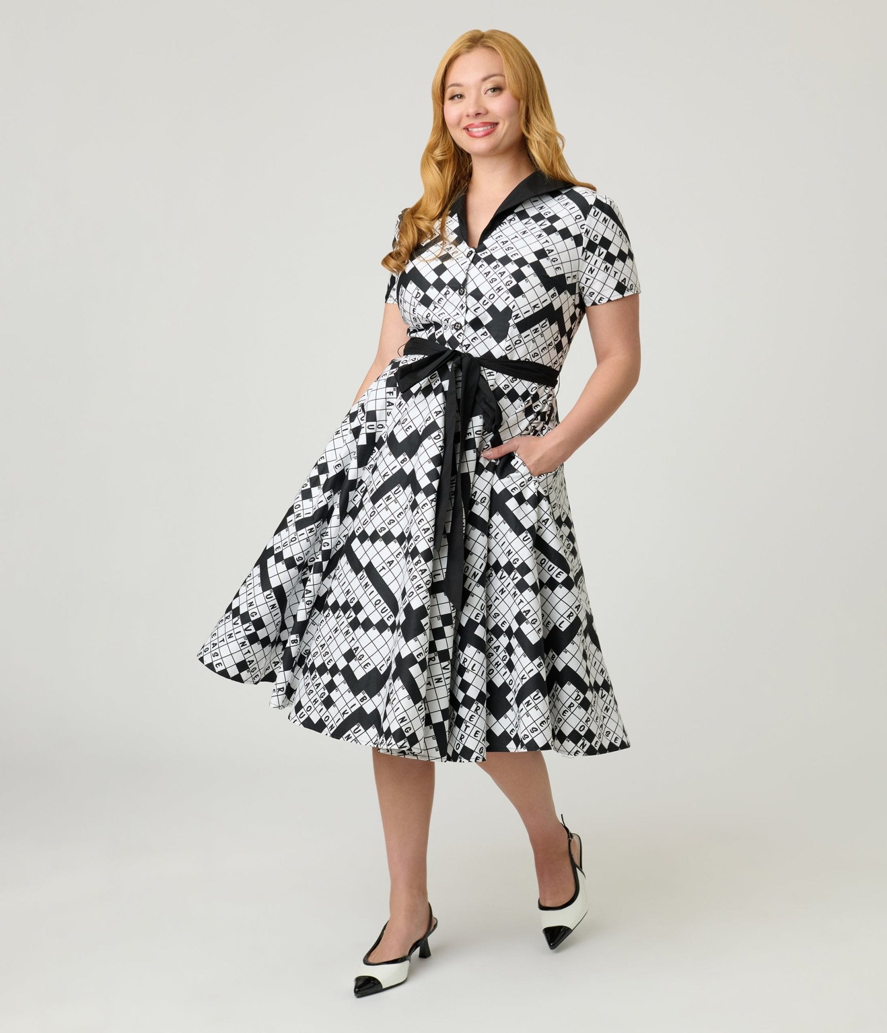 Unique Vintage Black & White Crossword Puzzle Cotton Shirt Dress - Unique Vintage - Womens, DRESSES, SWING