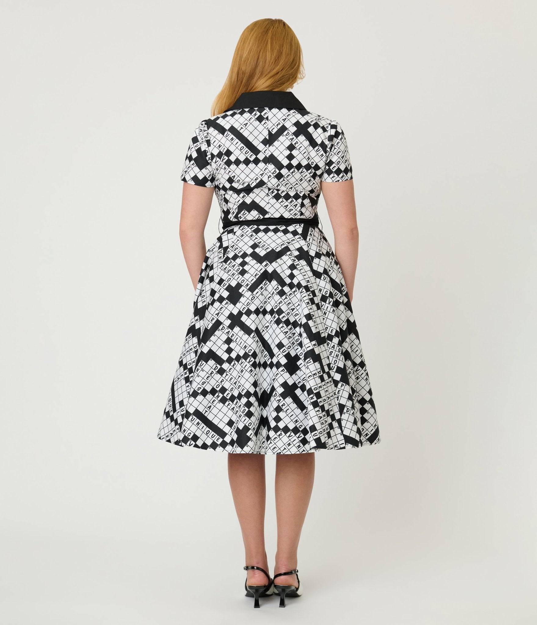 Unique Vintage Black & White Crossword Puzzle Cotton Shirt Dress - Unique Vintage - Womens, DRESSES, SWING