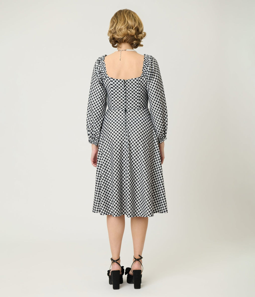 Unique Vintage Black & White Gingham Peasant Sleeve Swing Dress - Unique Vintage - Womens, DRESSES, SWING