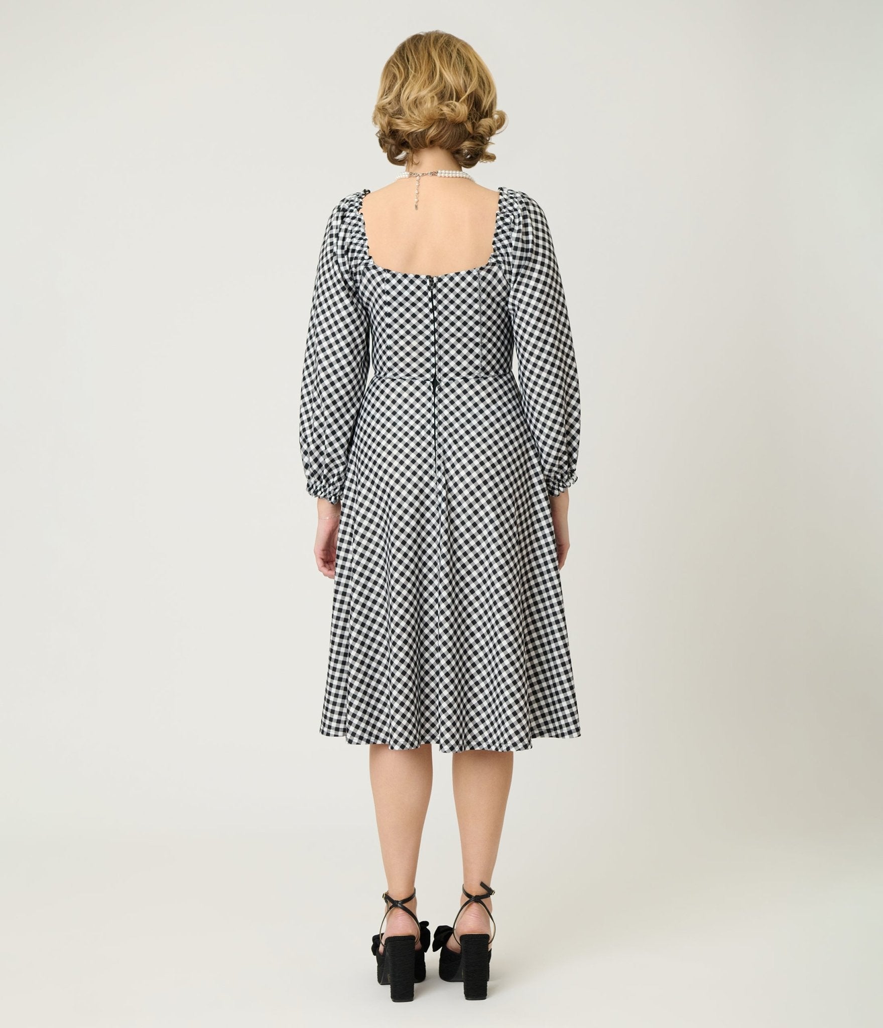 Unique Vintage Black & White Gingham Peasant Sleeve Swing Dress - Unique Vintage - Womens, DRESSES, SWING