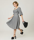 Unique Vintage Black & White Gingham Peasant Sleeve Swing Dress - Unique Vintage - Womens, DRESSES, SWING