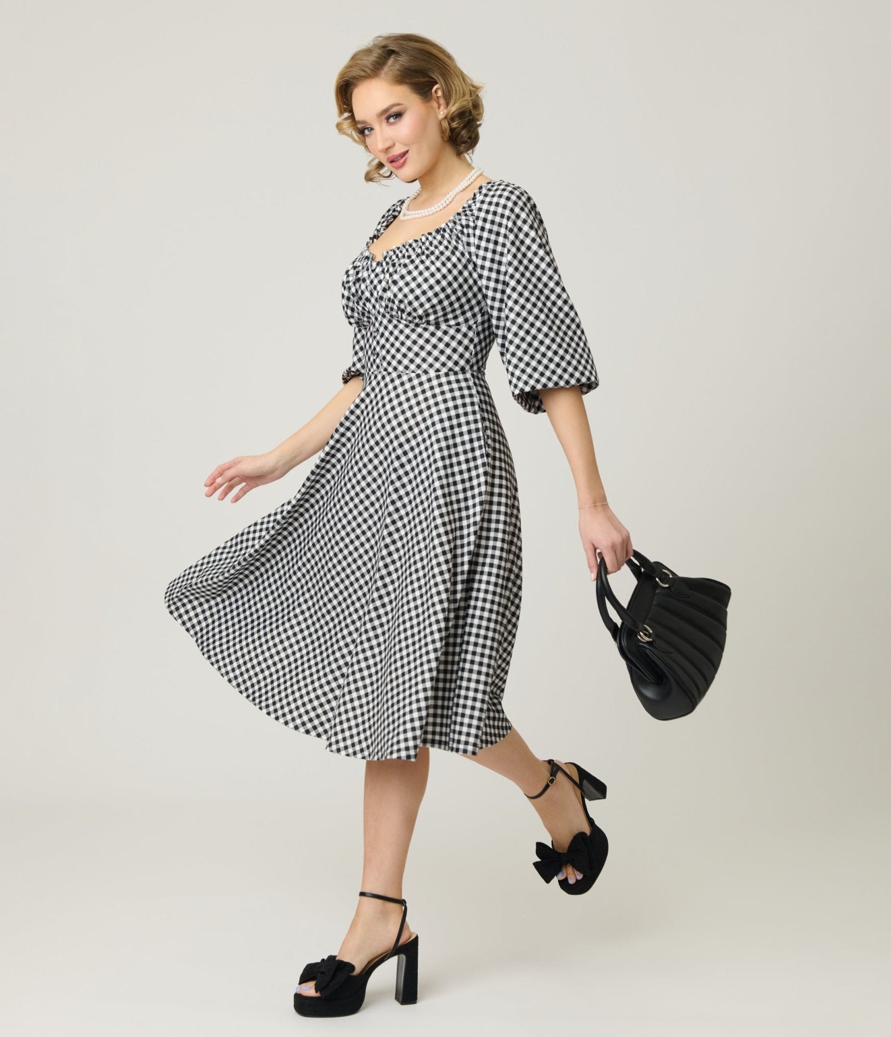 Unique Vintage Black & White Gingham Peasant Sleeve Swing Dress - Unique Vintage - Womens, DRESSES, SWING