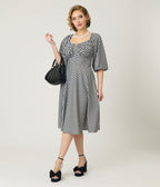 Unique Vintage Black & White Gingham Peasant Sleeve Swing Dress - Unique Vintage - Womens, DRESSES, SWING