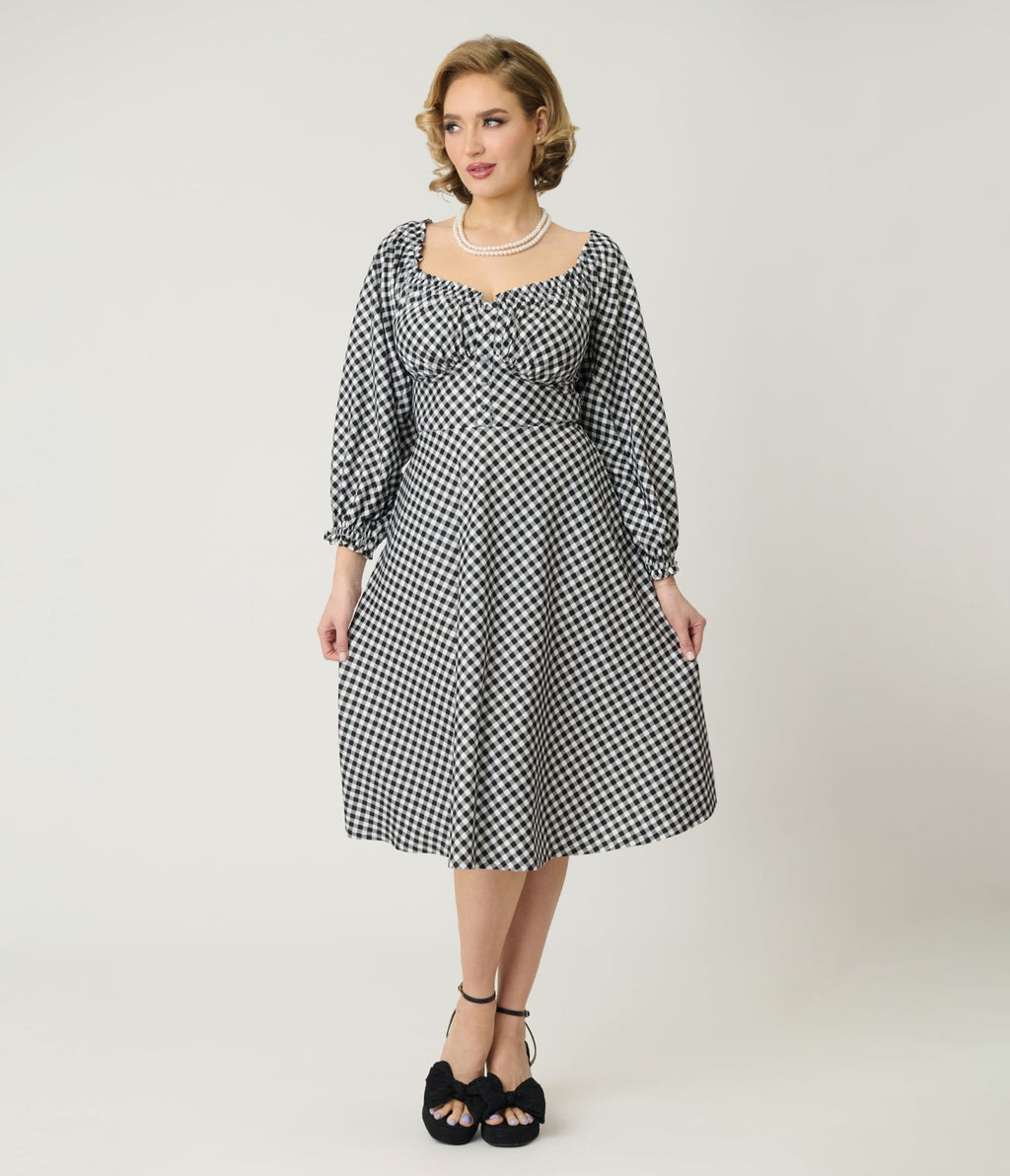 Unique Vintage Black & White Gingham Peasant Sleeve Swing Dress - Unique Vintage - Womens, DRESSES, SWING