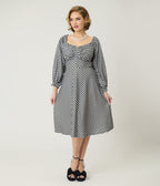 Unique Vintage Black & White Gingham Peasant Sleeve Swing Dress - Unique Vintage - Womens, DRESSES, SWING