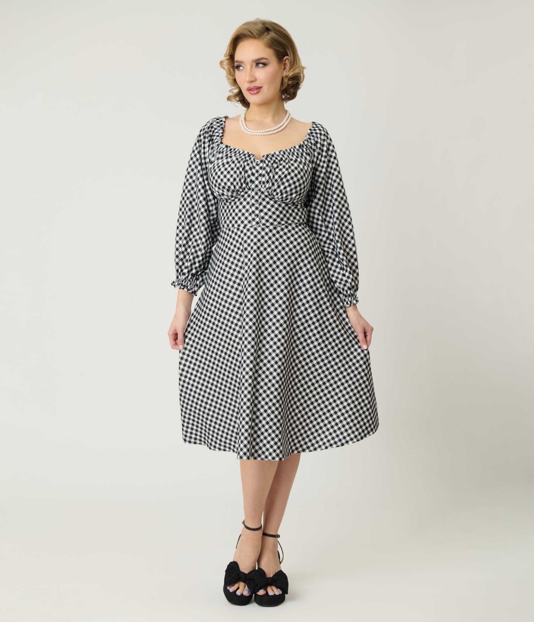Unique Vintage Black & White Gingham Peasant Sleeve Swing Dress - Unique Vintage - Womens, DRESSES, SWING
