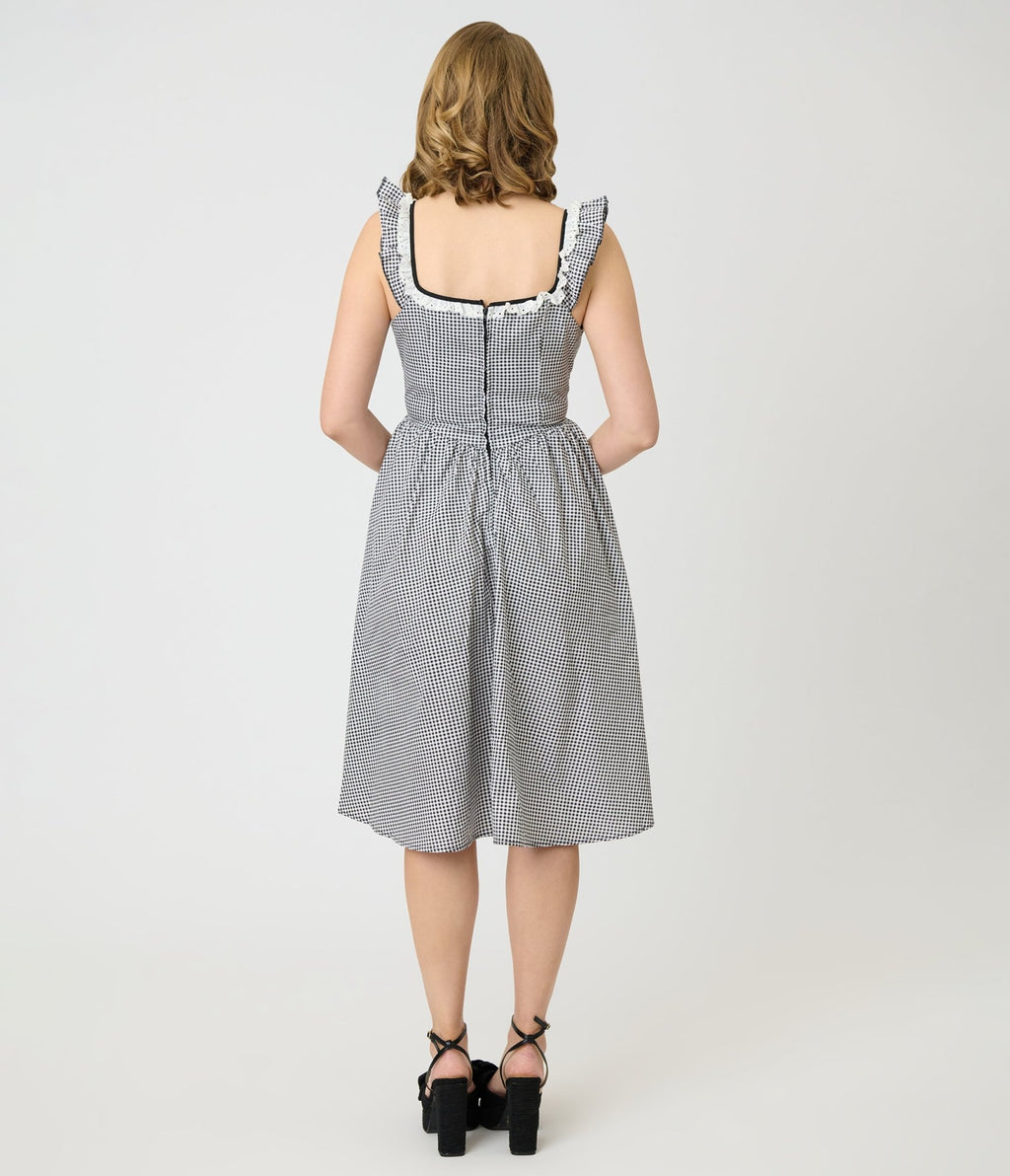 Unique Vintage Black & White Gingham Sweetheart Flutter Sleeve Swing Dress - Unique Vintage - Womens, DRESSES, SWING