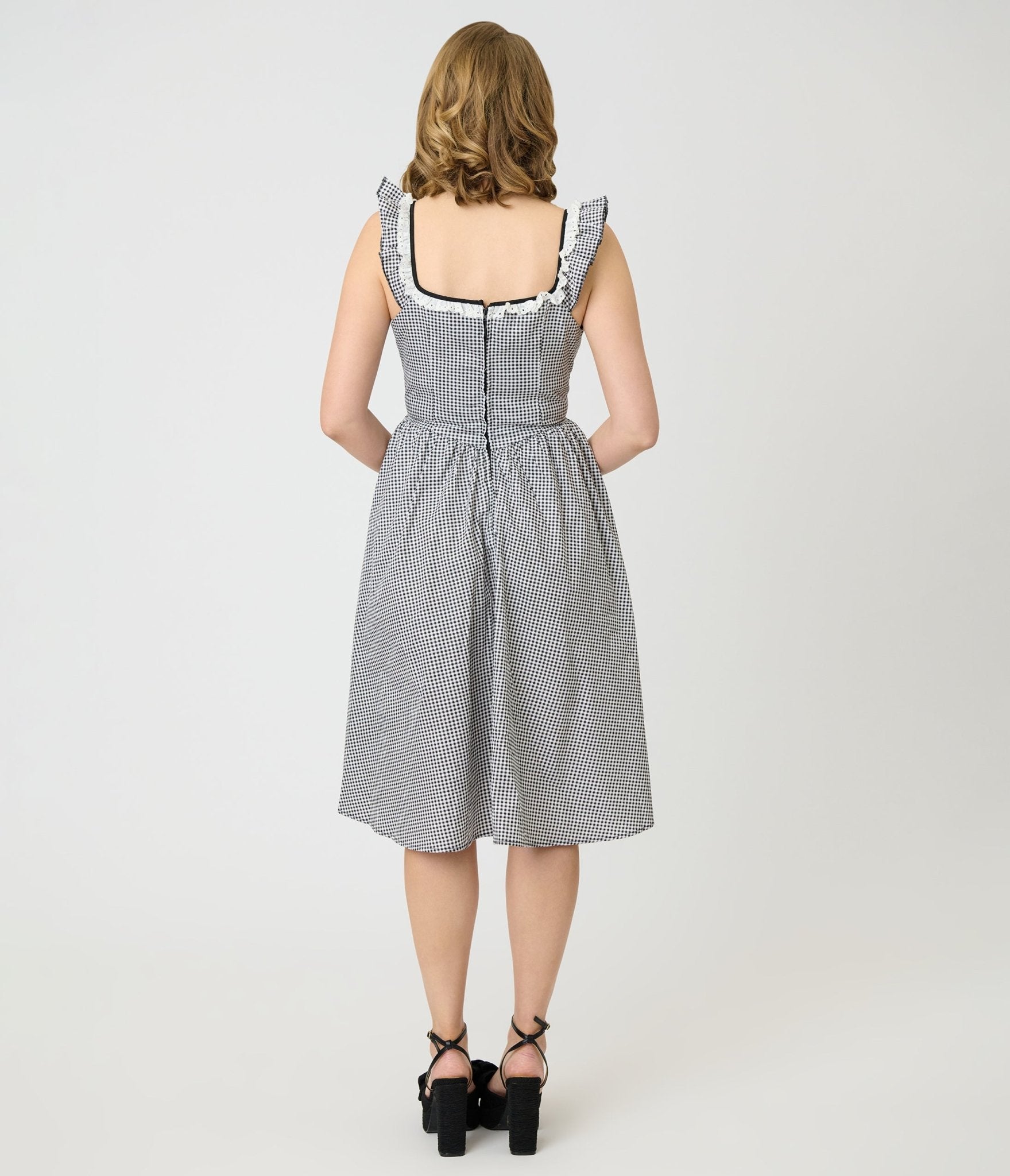 Unique Vintage Black & White Gingham Sweetheart Flutter Sleeve Swing Dress - Unique Vintage - Womens, DRESSES, SWING