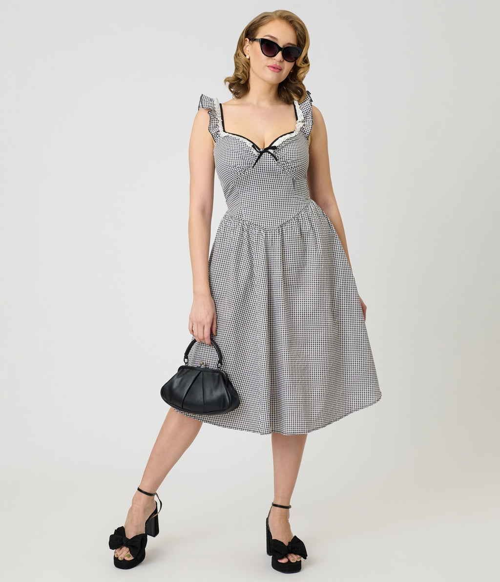 Unique Vintage Black & White Gingham Sweetheart Flutter Sleeve Swing Dress - Unique Vintage - Womens, DRESSES, SWING