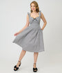 Unique Vintage Black & White Gingham Sweetheart Flutter Sleeve Swing Dress