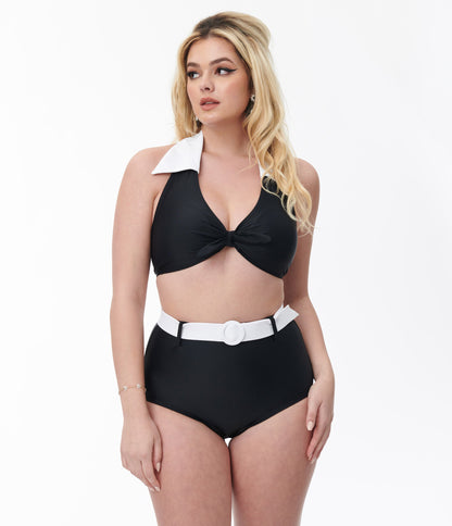 Unique Vintage Black & White Halter Swim Top - Unique Vintage - Womens, SWIM, TOP