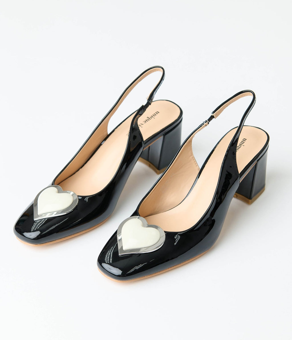 Unique Vintage Black & White Heart Leatherette Slingback Heels