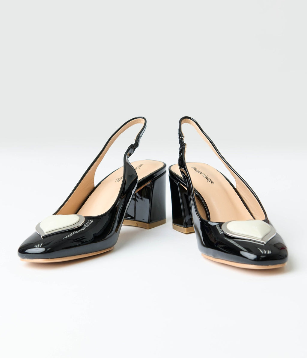 Unique Vintage Black & White Heart Leatherette Slingback Heels - Unique Vintage - Womens, SHOES, HEELS
