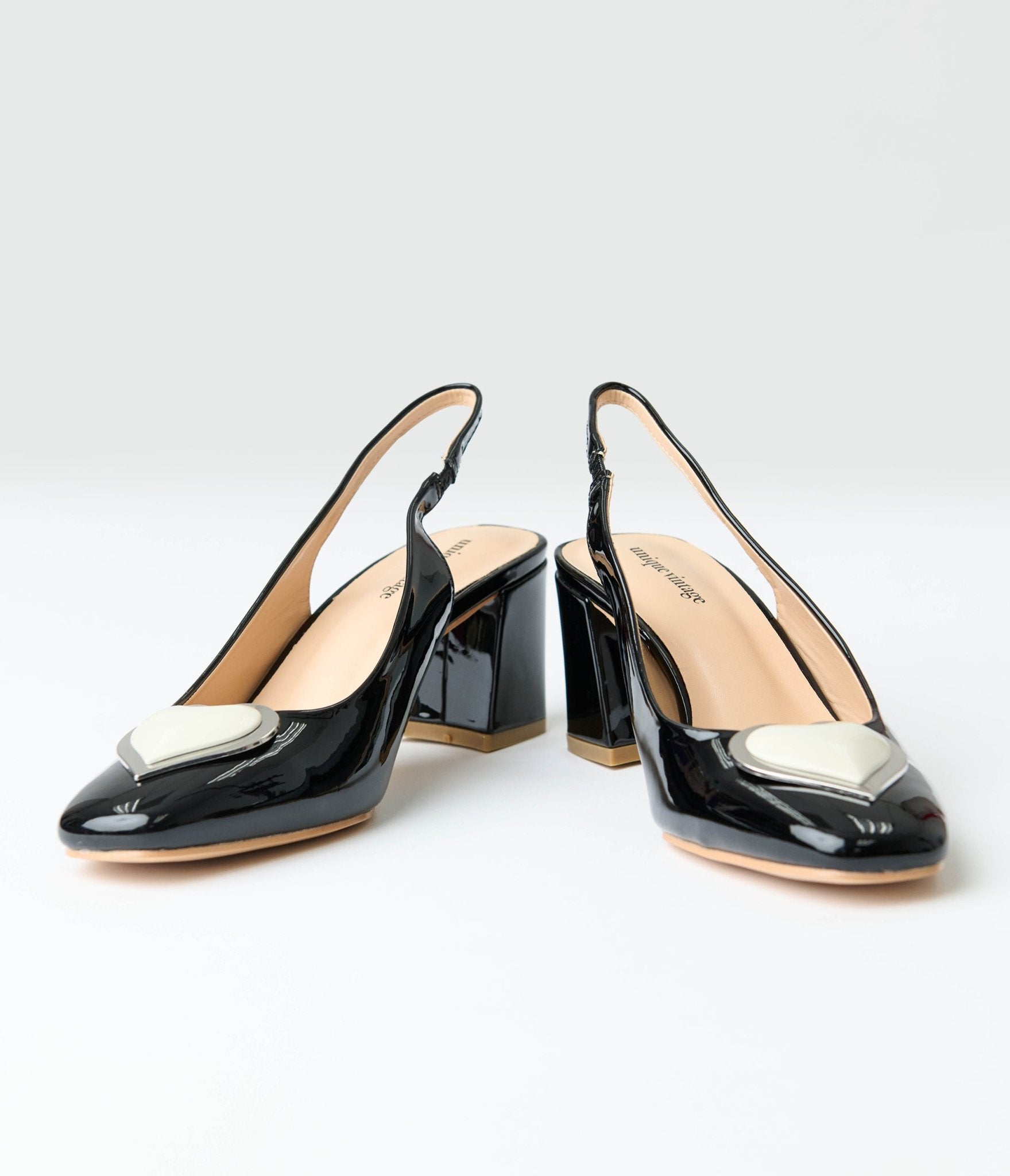 Unique Vintage Black & White Heart Leatherette Slingback Heels - Unique Vintage - Womens, SHOES, HEELS
