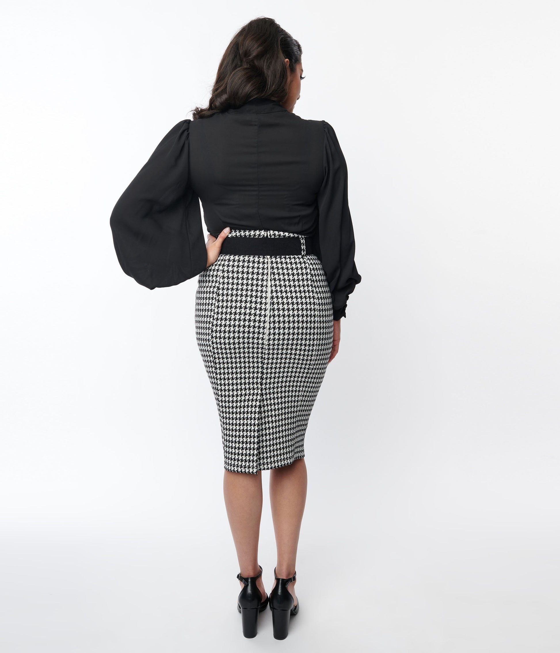 Unique Vintage Black & White Houndstooth Belted Pencil Skirt - Unique Vintage - Womens, BOTTOMS, SKIRTS