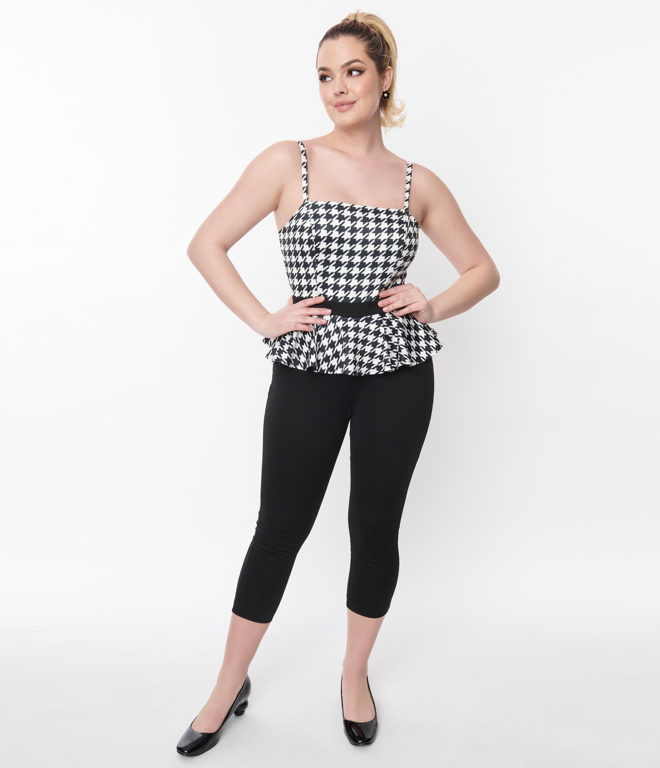 Unique Vintage Black White Houndstooth Peplum Jumpsuit