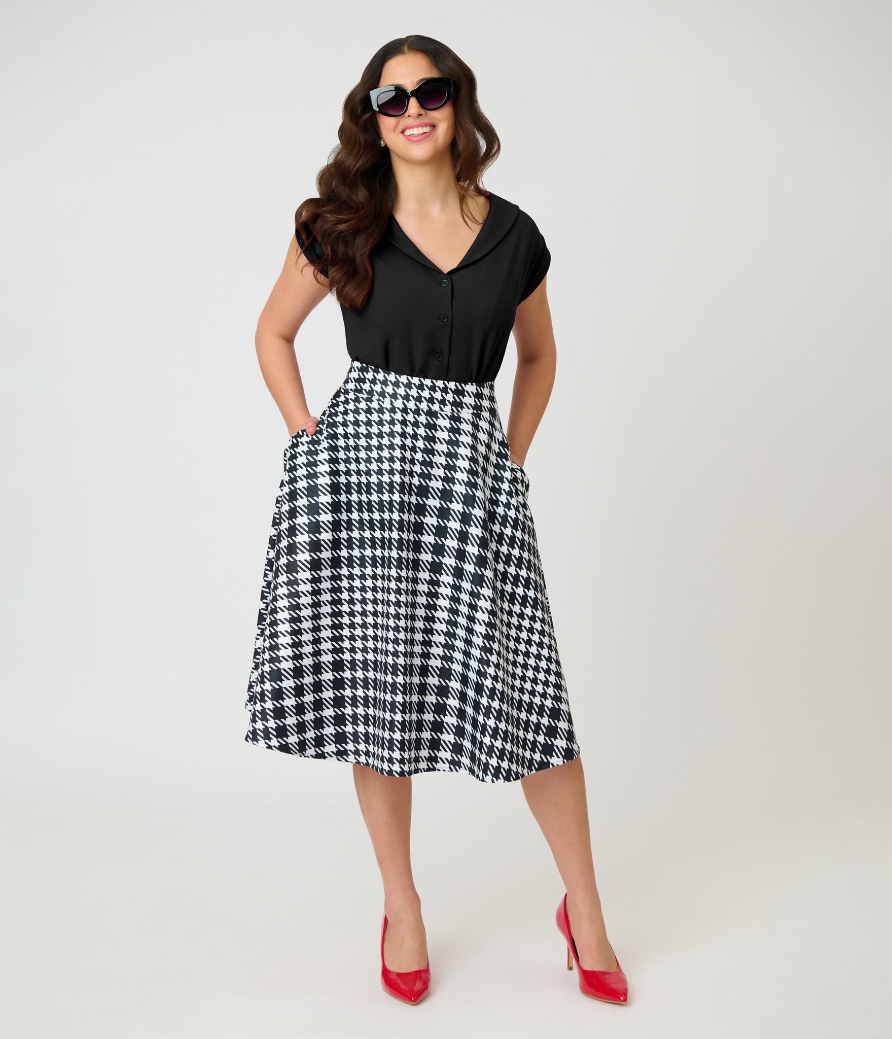 Unique Vintage Black & White Houndstooth Vivian Swing Skirt - Unique Vintage - Womens, BOTTOMS, SKIRTS