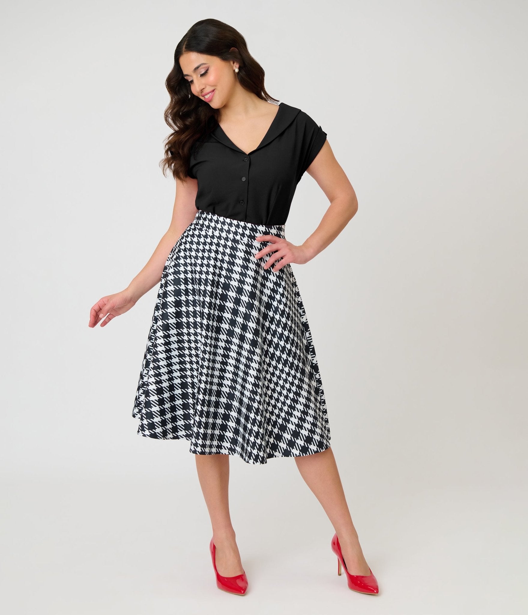 Unique Vintage Black & White Houndstooth Vivian Swing Skirt