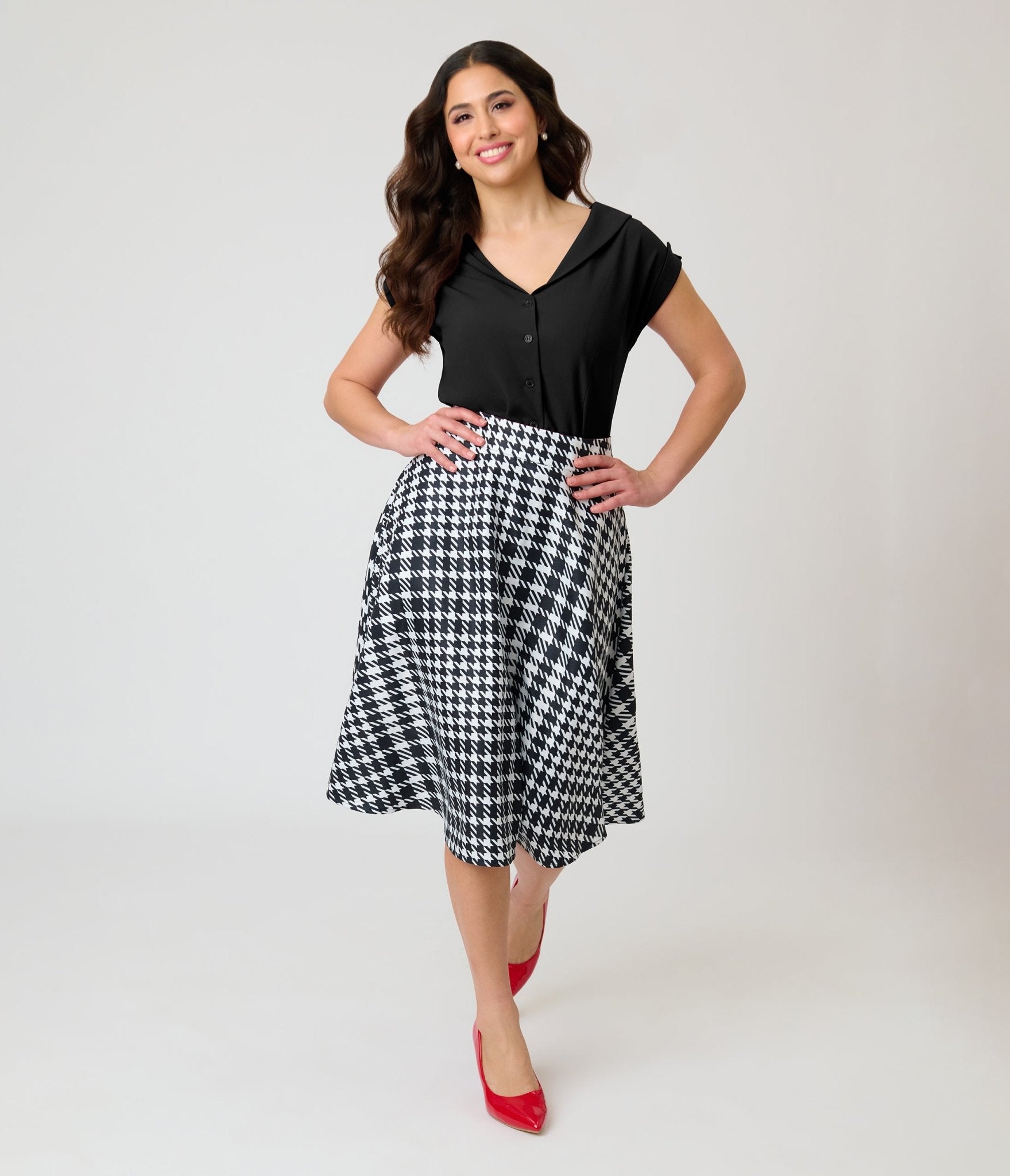 Unique Vintage Black & White Houndstooth Vivian Swing Skirt - Unique Vintage - Womens, BOTTOMS, SKIRTS