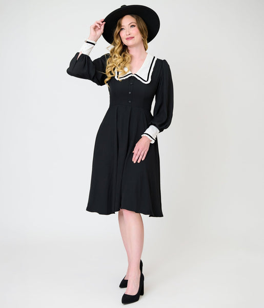 Unique Vintage Black & White Pilgrim Collar Wendy Swing Dress