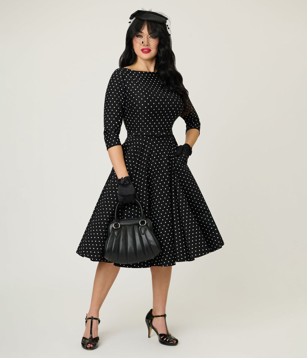 Unique Vintage Black & White Pin Dot Devon Swing Dress - Unique Vintage - Womens, DRESSES, SWING