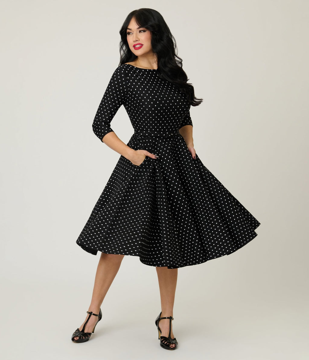 Unique Vintage Black & White Pin Dot Devon Swing Dress - Unique Vintage - Womens, DRESSES, SWING