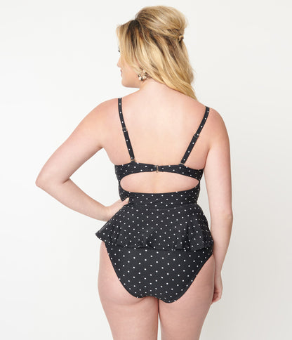 Unique Vintage Black & White Pin Dot Peplum Solana Tankini Swim Top - Unique Vintage - Womens, SWIM, TOP